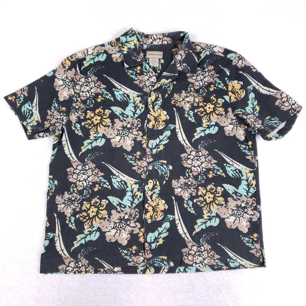 Scandia Woods Aloha Shirt Mens 2XL Short Sleeve Floral Tropical Vacation Gray‎